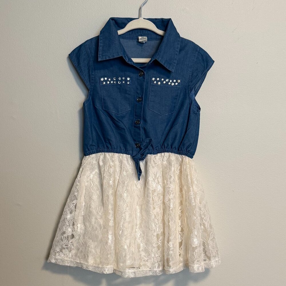 Sweet Butterfly denim top with lace bottom, girl's dress size 4